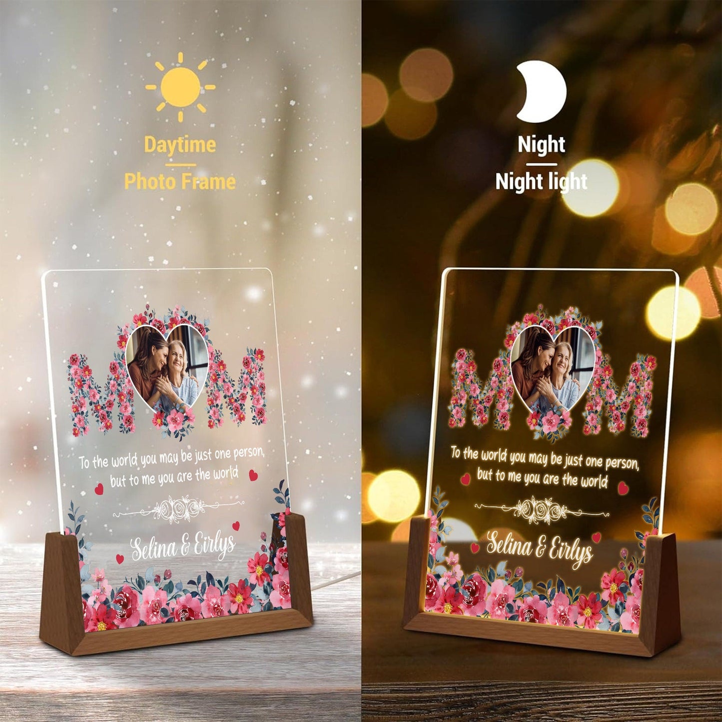Personalized MOM Acrylic Lamp | Custom Mother’s Day Photo Gift | Floral Night Light with Walnut Wood Base | Gift for Mom from Daughter - product image 7
