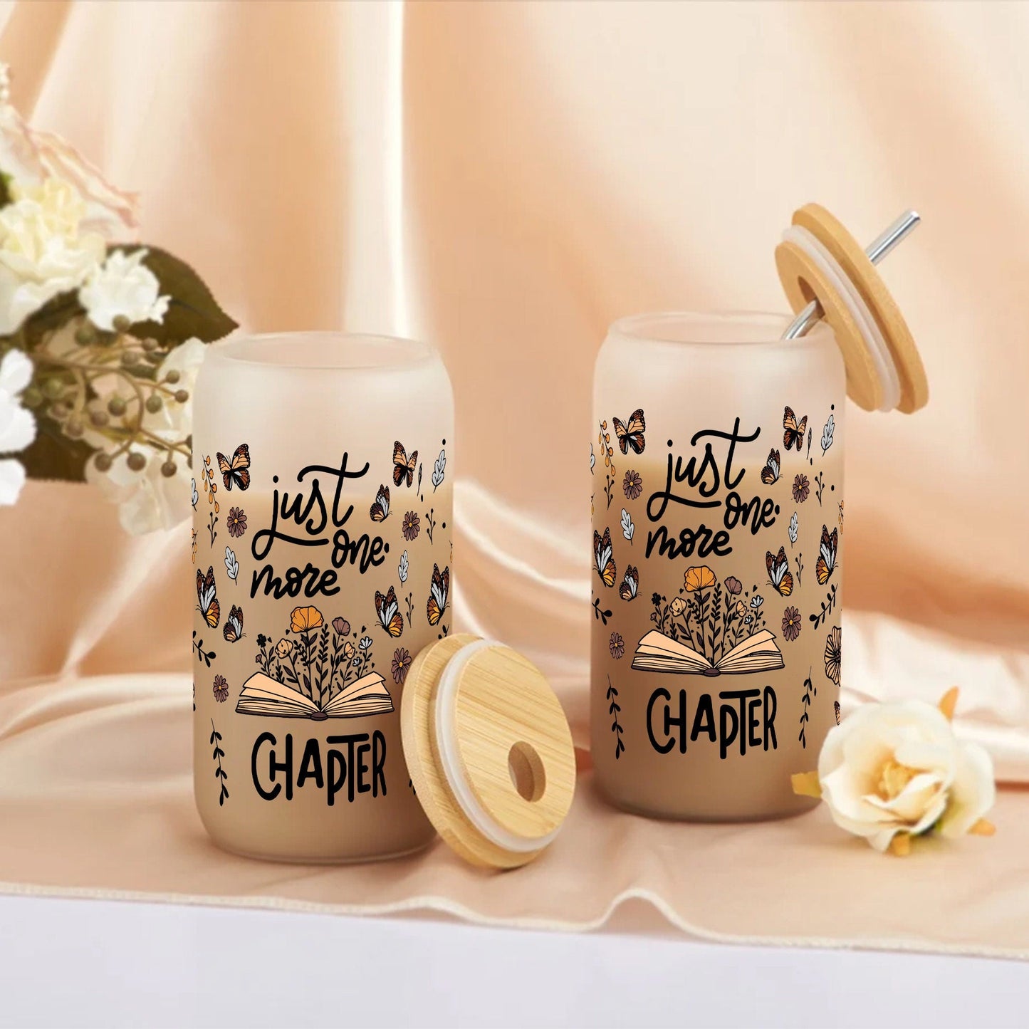 Floral Book Glass Can (16oz) - Book Lover Gift with Lid & Straw - product image 5