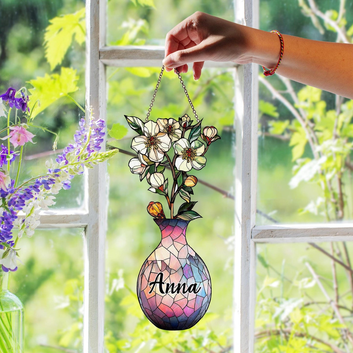 Custom Name Floral Mosaic Vase Suncatcher, Personalized Birth Flower Window Decor, Faux Stained Glass Gift for Aunt or Teacher - product image 7