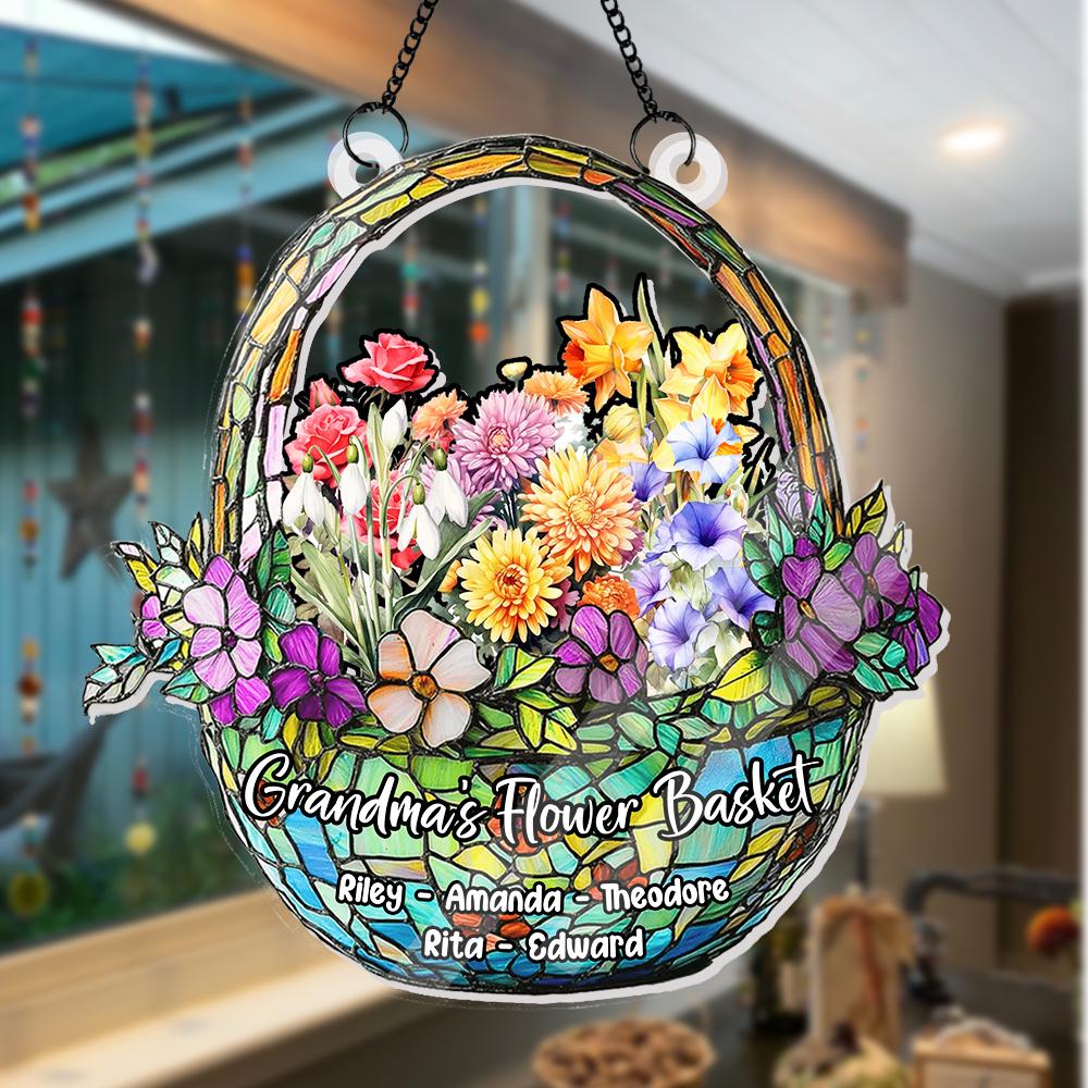 Grandma's Flower Basket Suncatcher, Custom Family Birth Month Flower Decor, Personalized Gift for Mom, Faux Glass Floral Art - product image 8