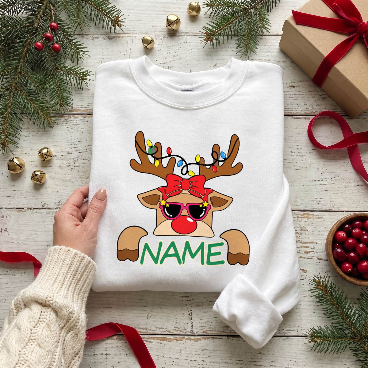 Personalized Christmas Reindeer Shirt, Custom Name Holiday T-Shirt, Sweatshirt & Hoodie, Unisex Christmas Gift