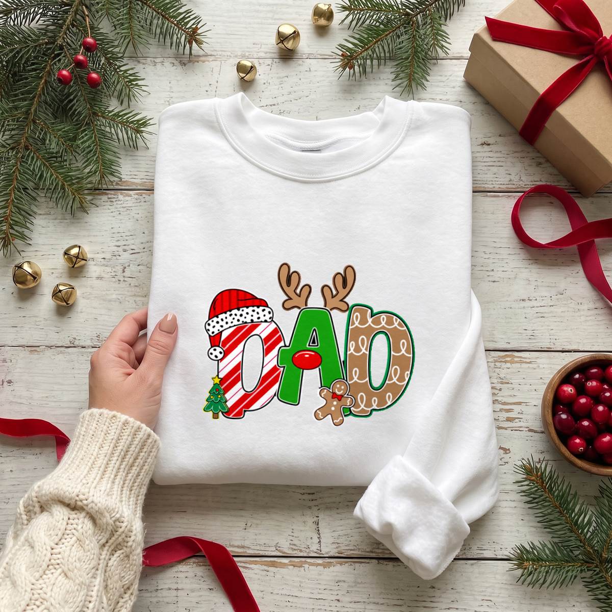 Personalize this Christmas varsity shirt with any name or short text. Available as a unisex T-shirt, sweatshirt or hoodie in sizes S–5XL.