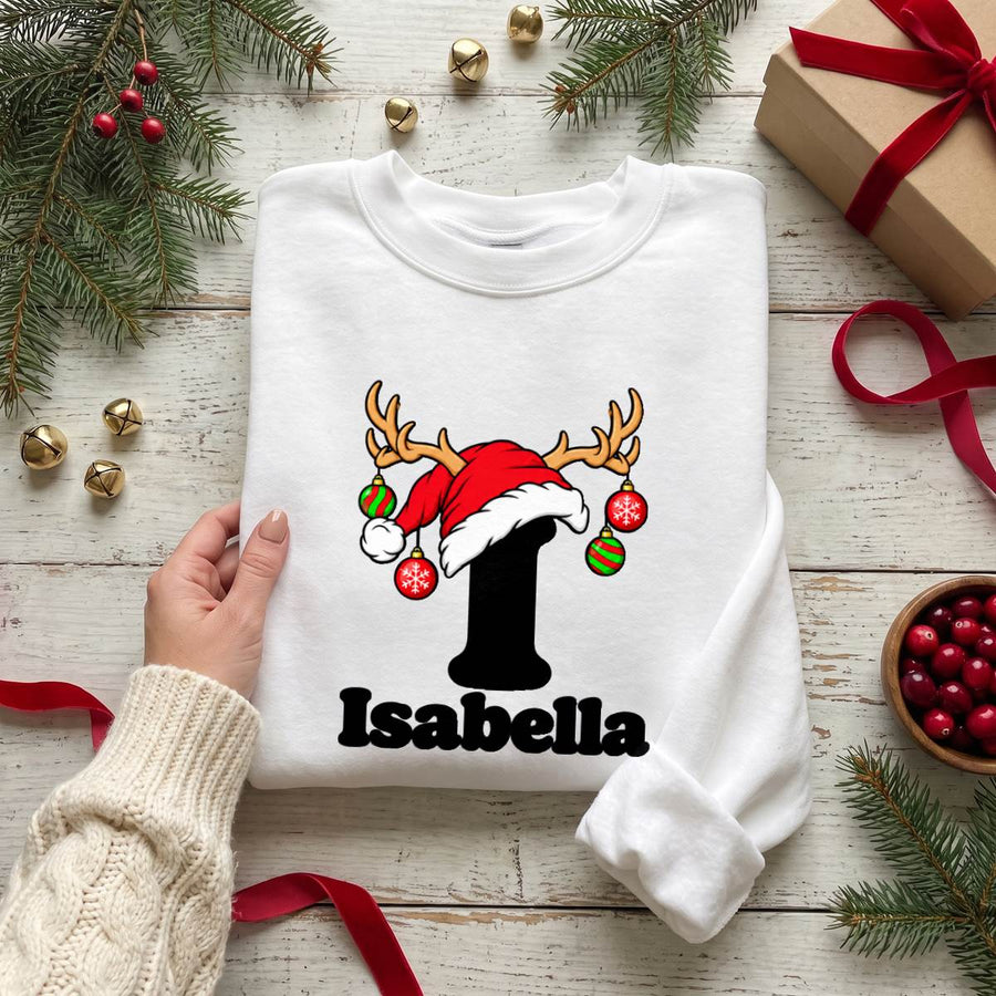 Personalized Christmas Initial Shirt, Custom Name Reindeer T-Shirt, Sweatshirt & Hoodie