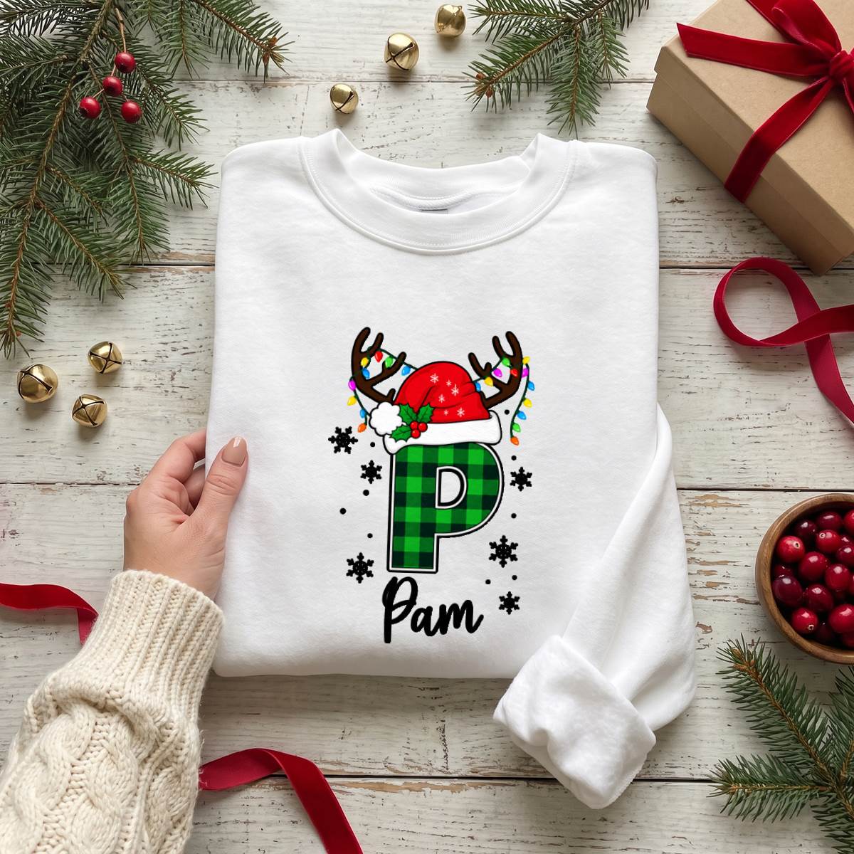 Personalized Plaid Christmas Initial Shirt, Custom Name T-Shirt, Sweatshirt & Hoodie, Unisex Holiday Gift