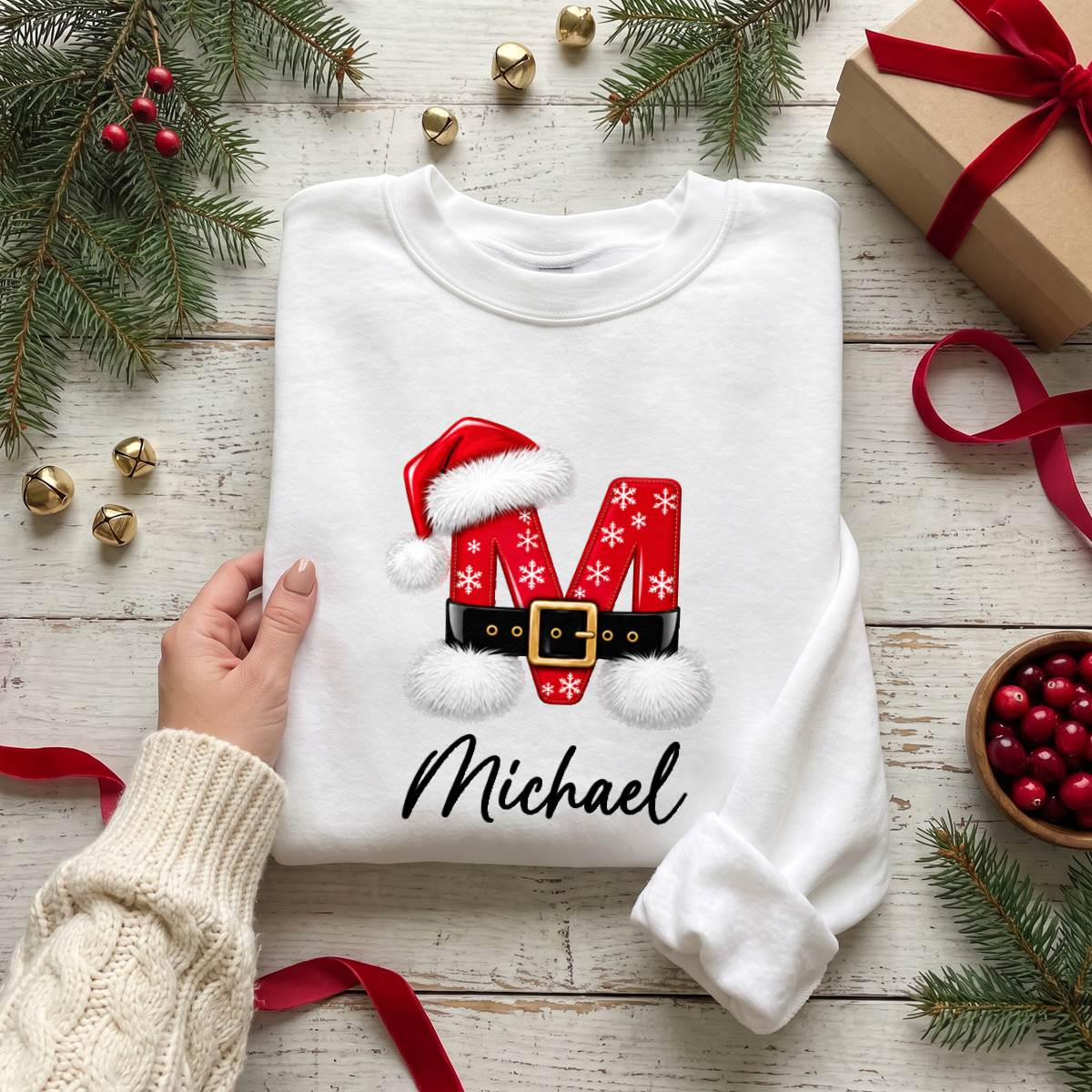 Personalized Christmas Initial Name Shirt, Custom Santa Monogram T-Shirt, Sweatshirt & Hoodie, Unisex Holiday Gift