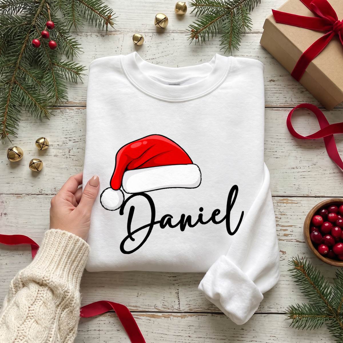 Personalized Santa Hat Name Shirt, Custom Christmas T-Shirt, Sweatshirt & Hoodie, Matching Family Outfit
