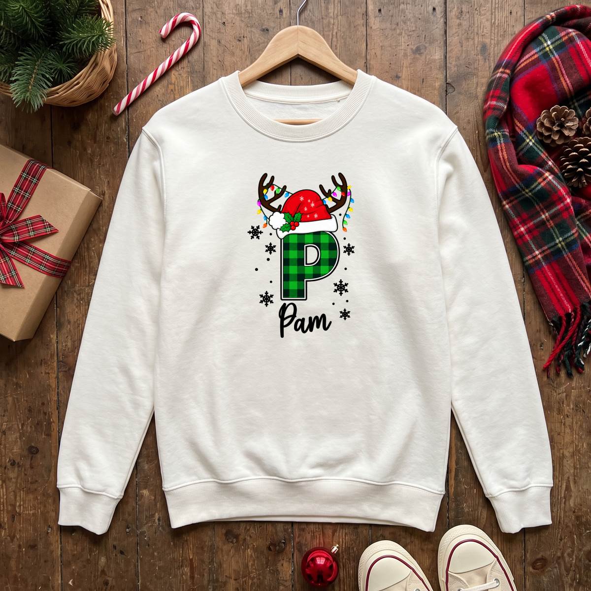 Personalized Plaid Christmas Initial Shirt, Custom Name T-Shirt, Sweatshirt & Hoodie, Unisex Holiday Gift