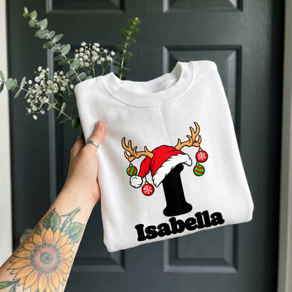 Personalized Christmas Initial Shirt, Custom Name Reindeer T-Shirt, Sweatshirt & Hoodie