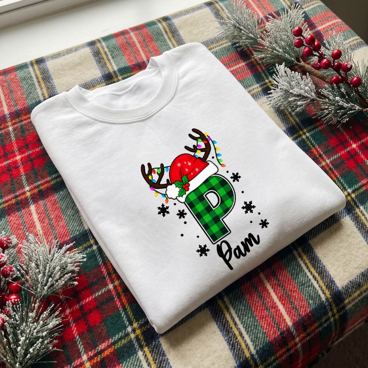 Personalized Plaid Christmas Initial Shirt, Custom Name T-Shirt, Sweatshirt & Hoodie, Unisex Holiday Gift