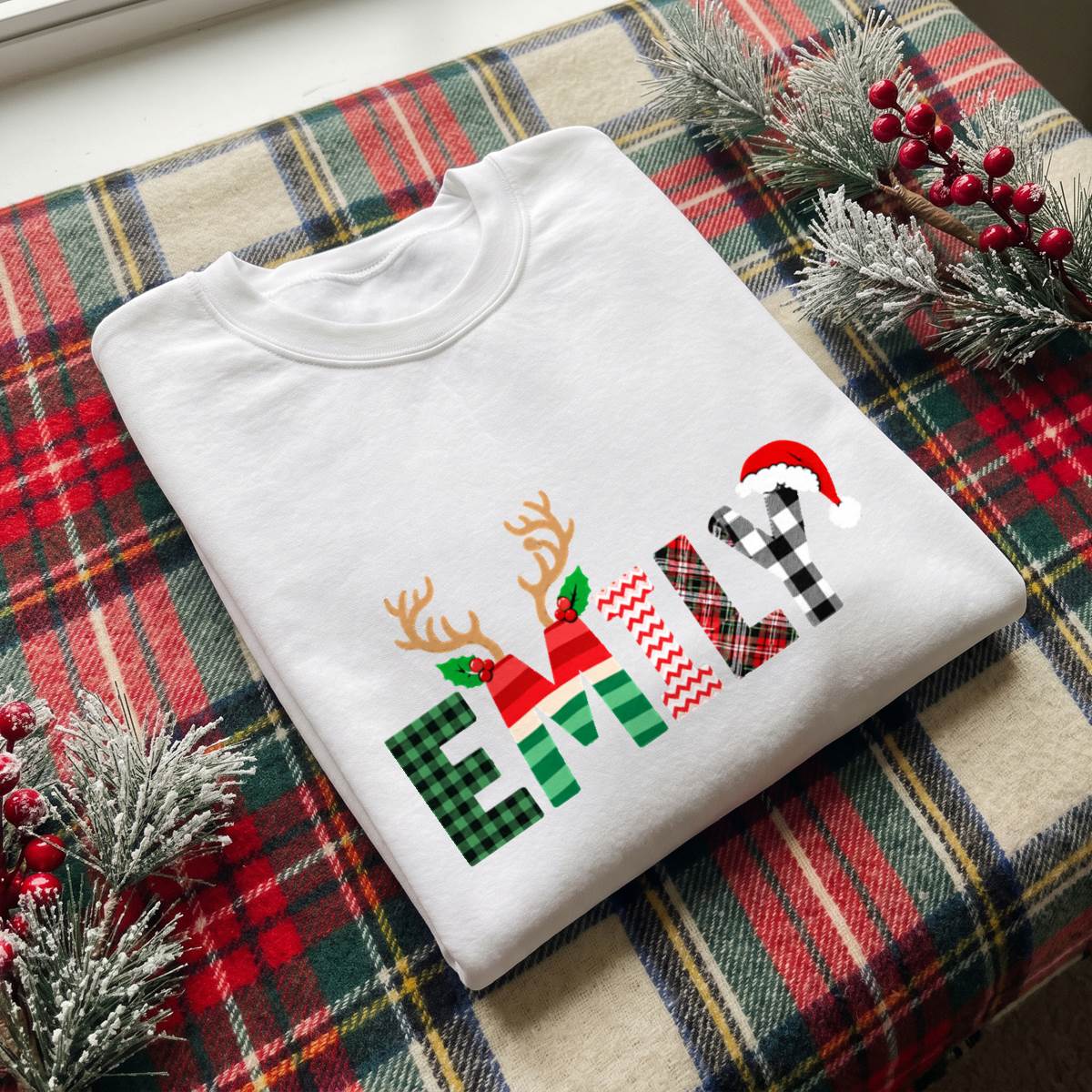 Personalized Christmas Plaid Name Shirt, Custom Holiday T-Shirt, Sweatshirt & Hoodie, Unisex Christmas Gift