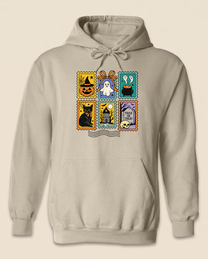 Vintage Halloween Postage Stamp Shirt, Ghost Cat Pumpkin T-Shirt, Spooky Season Sweatshirt & Hoodie, Unisex Fall Gift