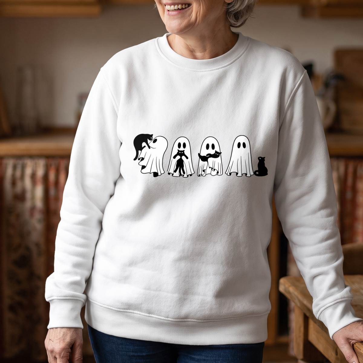 Cute Ghost and Black Cat Halloween Shirt, Spooky Cat T-Shirt, Sweatshirt & Hoodie, Halloween Gift