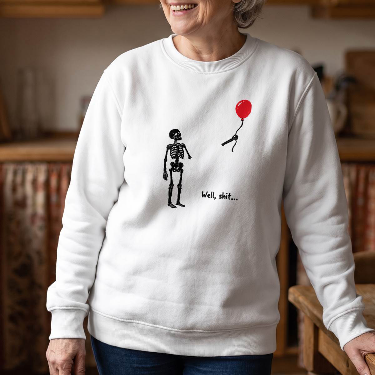 Funny Skeleton Red Balloon Halloween Shirt, Well Shit T-Shirt, Unisex Sweatshirt & Hoodie, Spooky Season Gift