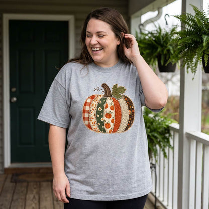 Patchwork Pumpkin Shirt, Vintage Quilted Pumpkin T-Shirt, Cozy Fall Sweatshirt & Hoodie, Thanksgiving Gift