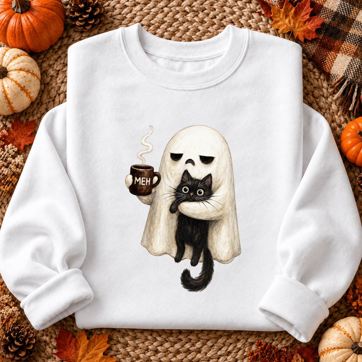Meh Ghost and Black Cat Halloween Shirt, Funny Coffee Ghost T-Shirt, Unisex Sweatshirt & Hoodie, Halloween Gift