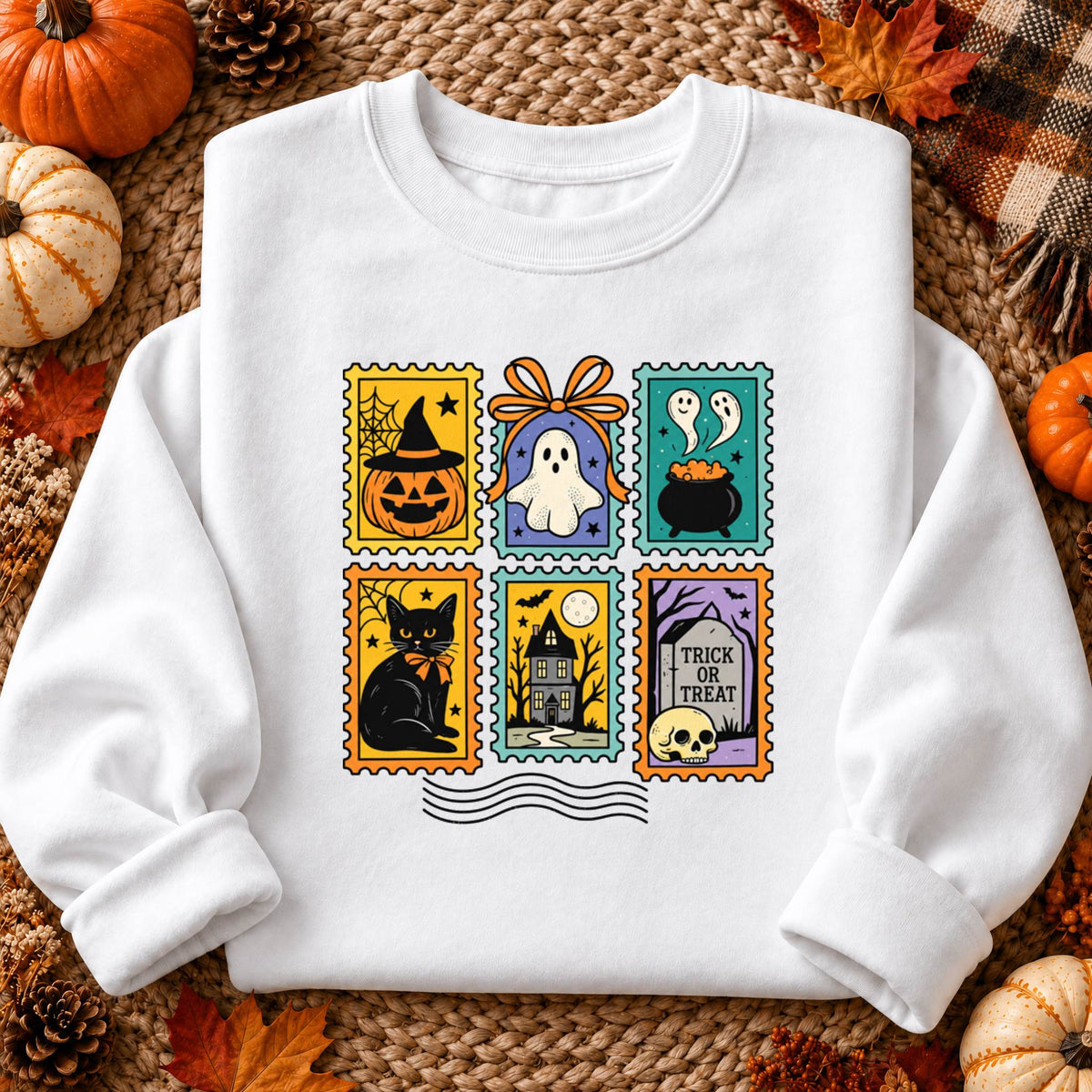 Vintage Halloween Postage Stamp Shirt, Ghost Cat Pumpkin T-Shirt, Spooky Season Sweatshirt & Hoodie, Unisex Fall Gift
