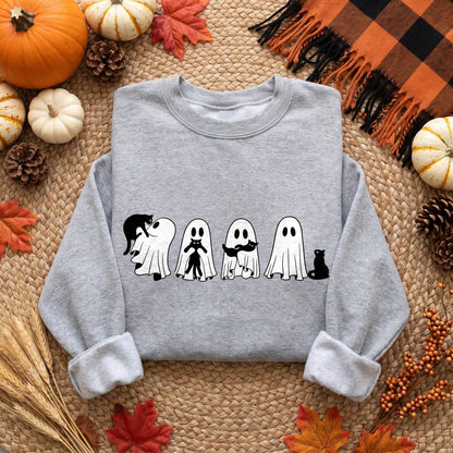 Cute Ghost and Black Cat Halloween Shirt, Spooky Cat T-Shirt, Sweatshirt & Hoodie, Halloween Gift