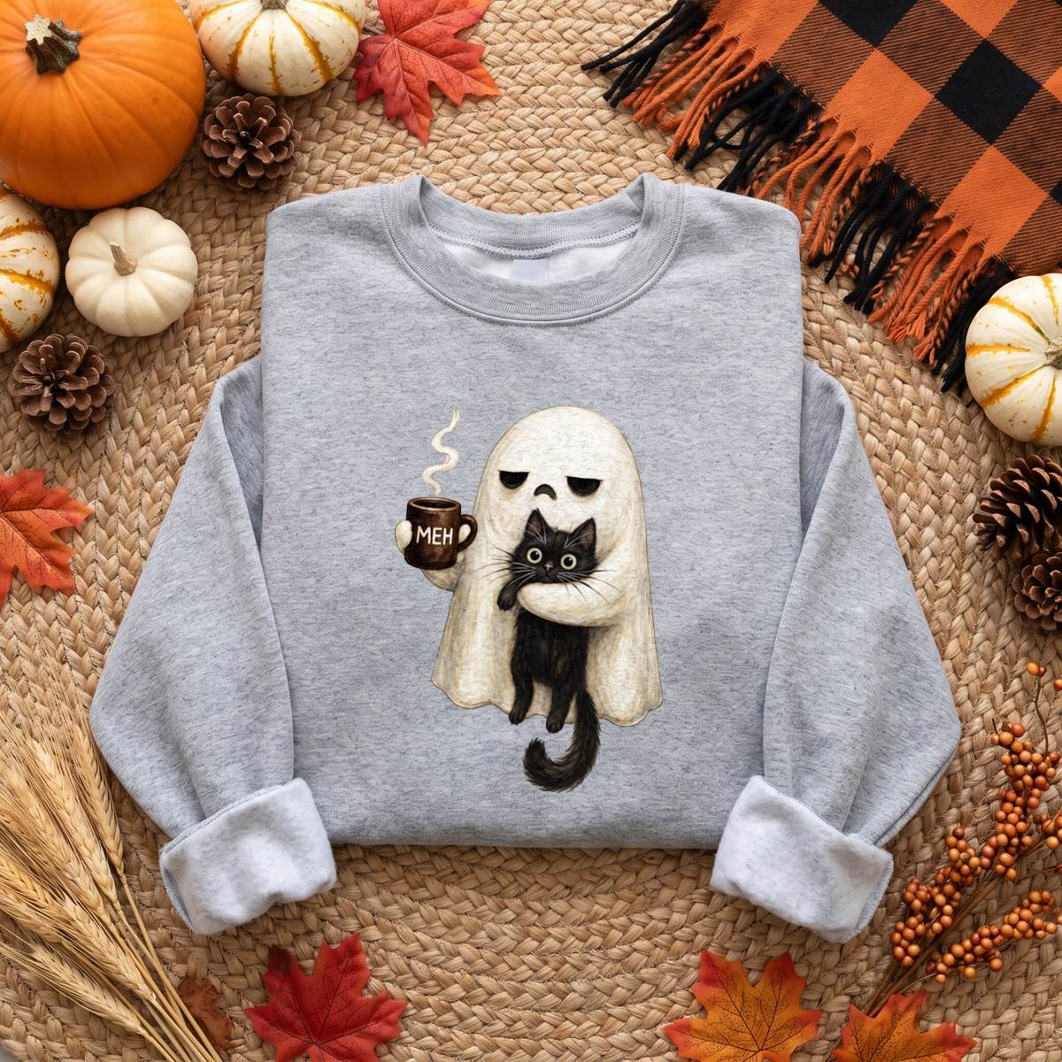Meh Ghost and Black Cat Halloween Shirt, Funny Coffee Ghost T-Shirt, Unisex Sweatshirt & Hoodie, Halloween Gift
