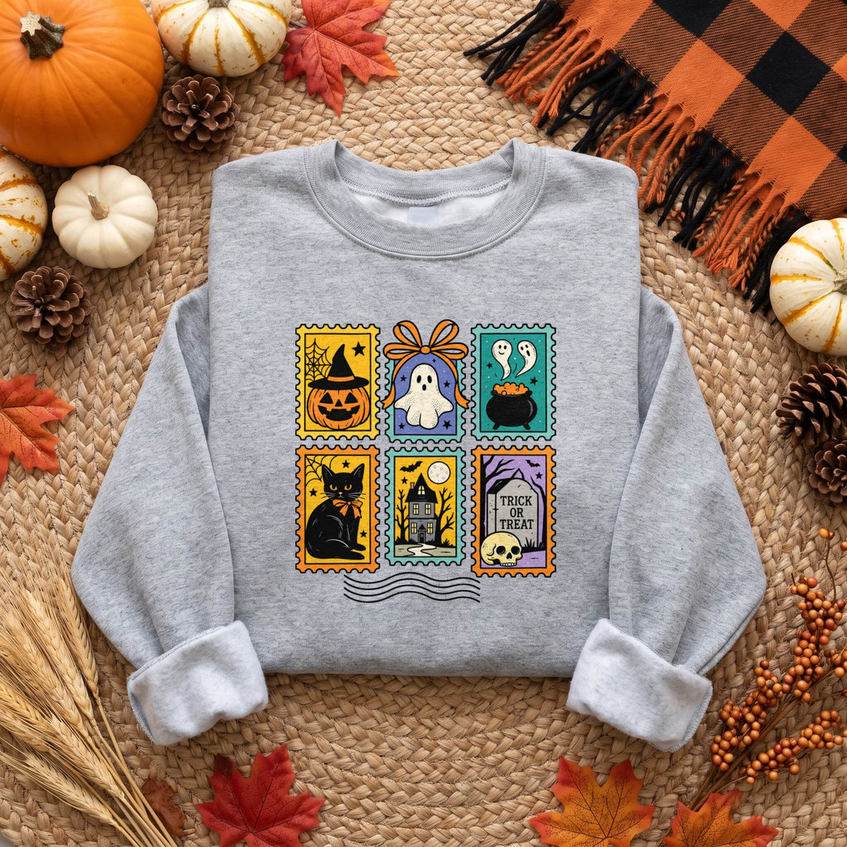 Vintage Halloween Postage Stamp Shirt, Ghost Cat Pumpkin T-Shirt, Spooky Season Sweatshirt & Hoodie, Unisex Fall Gift
