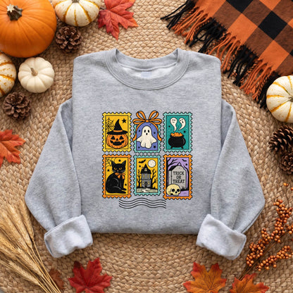 Vintage Halloween Postage Stamp Shirt, Ghost Cat Pumpkin T-Shirt, Spooky Season Sweatshirt & Hoodie, Unisex Fall Gift