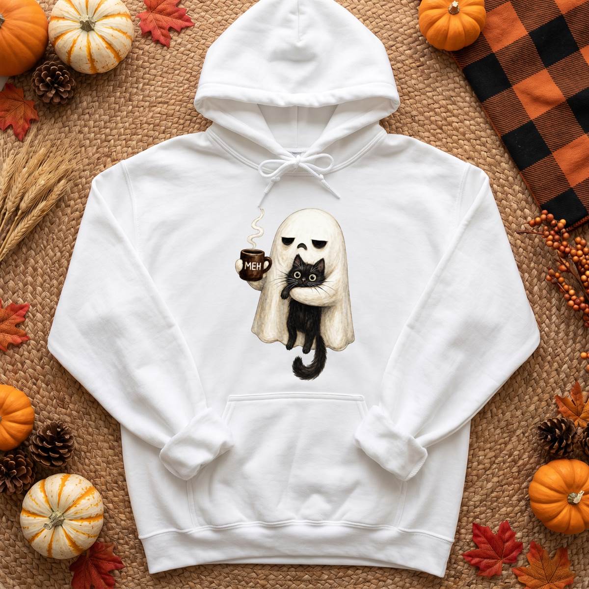 Meh Ghost and Black Cat Halloween Shirt, Funny Coffee Ghost T-Shirt, Unisex Sweatshirt & Hoodie, Halloween Gift