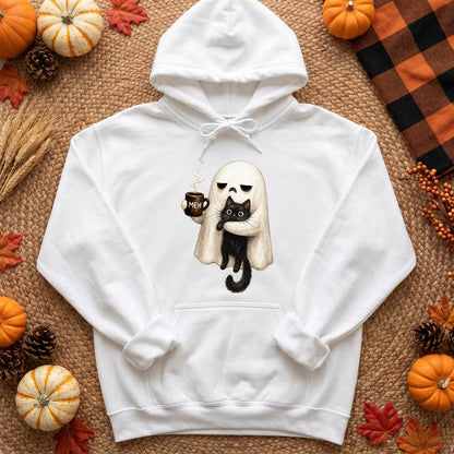 Meh Ghost and Black Cat Halloween Shirt, Funny Coffee Ghost T-Shirt, Unisex Sweatshirt & Hoodie, Halloween Gift
