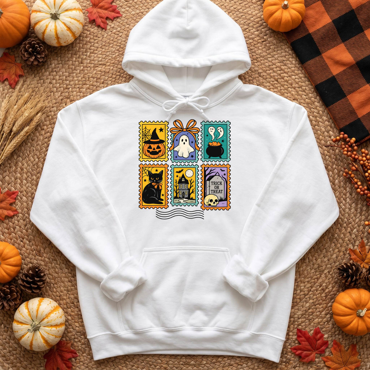 Vintage Halloween Postage Stamp Shirt, Ghost Cat Pumpkin T-Shirt, Spooky Season Sweatshirt & Hoodie, Unisex Fall Gift