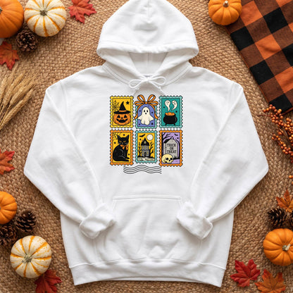 Vintage Halloween Postage Stamp Shirt, Ghost Cat Pumpkin T-Shirt, Spooky Season Sweatshirt & Hoodie, Unisex Fall Gift