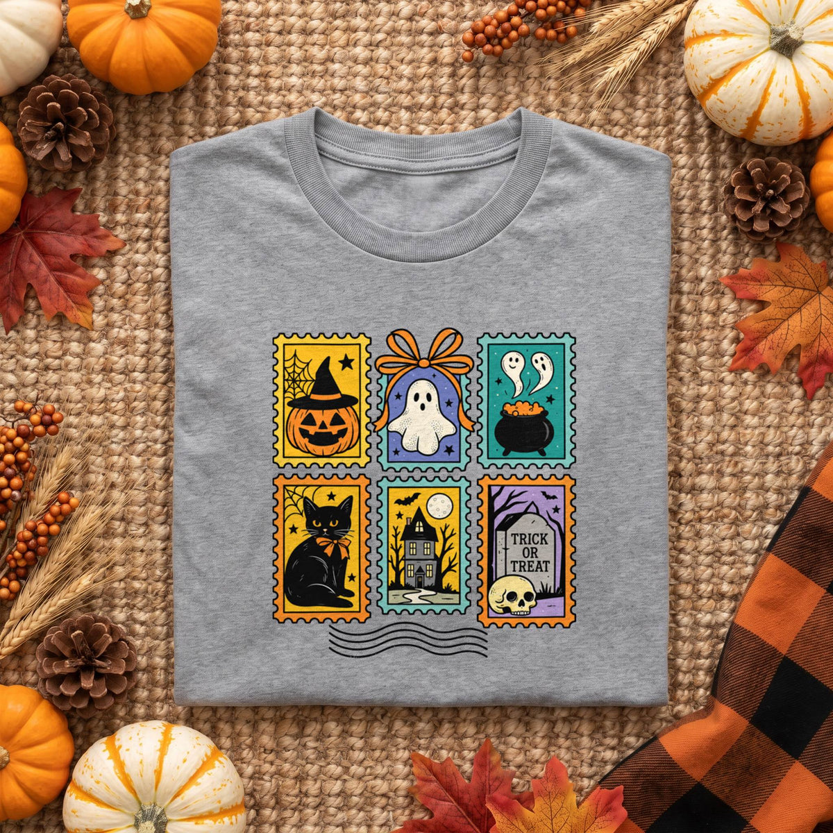 Vintage Halloween Postage Stamp Shirt, Ghost Cat Pumpkin T-Shirt, Spooky Season Sweatshirt & Hoodie, Unisex Fall Gift