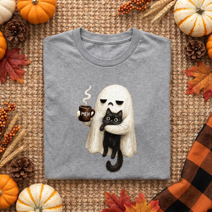 Meh Ghost and Black Cat Halloween Shirt, Funny Coffee Ghost T-Shirt, Unisex Sweatshirt & Hoodie, Halloween Gift