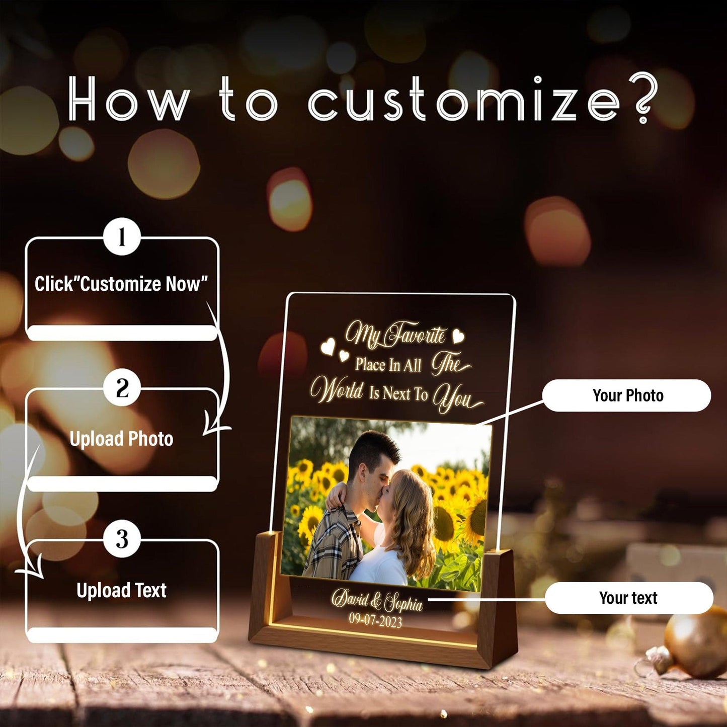 Custom Couples Photo Night Light, Personalized Anniversary LED Lamp, Boyfriend Girlfriend Gift, Picture Acrylic Plaque - product image 5