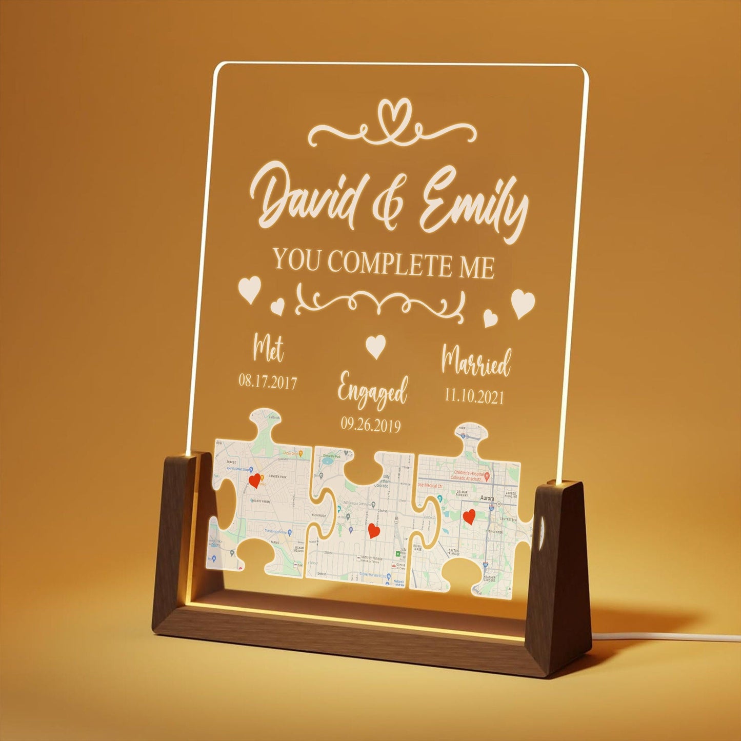 Custom Map Puzzle Night Light, Long Distance Relationship Gift, Personalized Met Engaged Married Plaque, LED Lamp - main product image