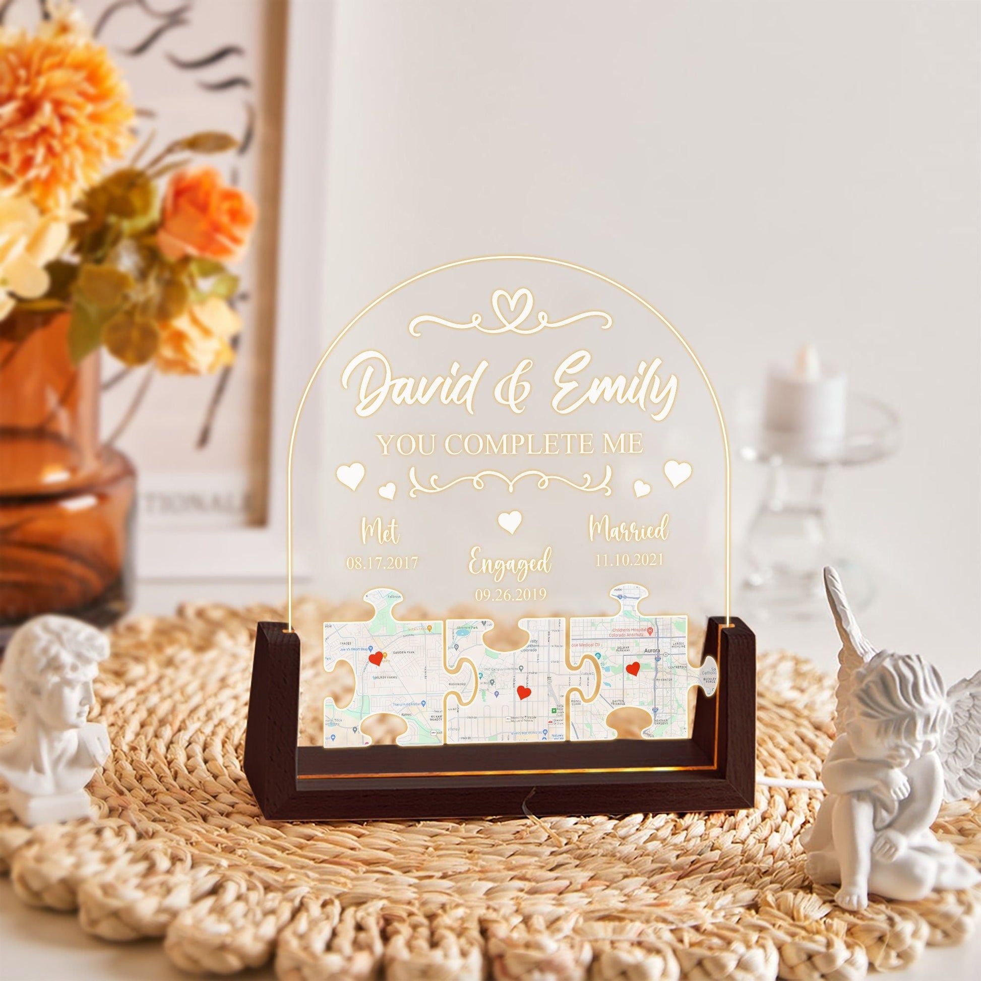 Custom Map Puzzle Night Light, Long Distance Relationship Gift, Personalized Met Engaged Married Plaque, LED Lamp - product image 3