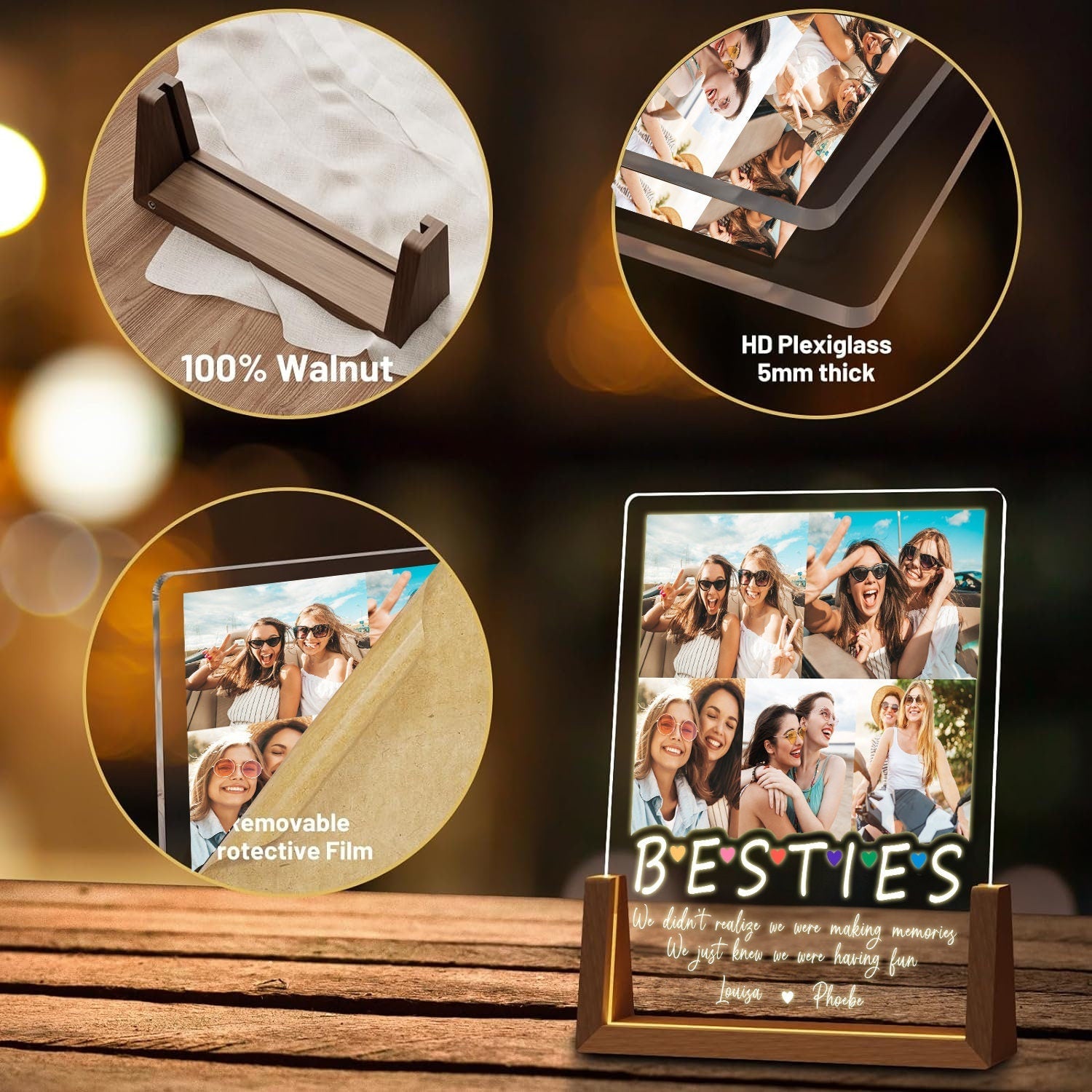 Custom Bestie Photo Collage Glass Night Light, Personalized Friendship Picture Lamp, Soul Sister Birthday Gift, Best Friend LED Plaque - product image 4