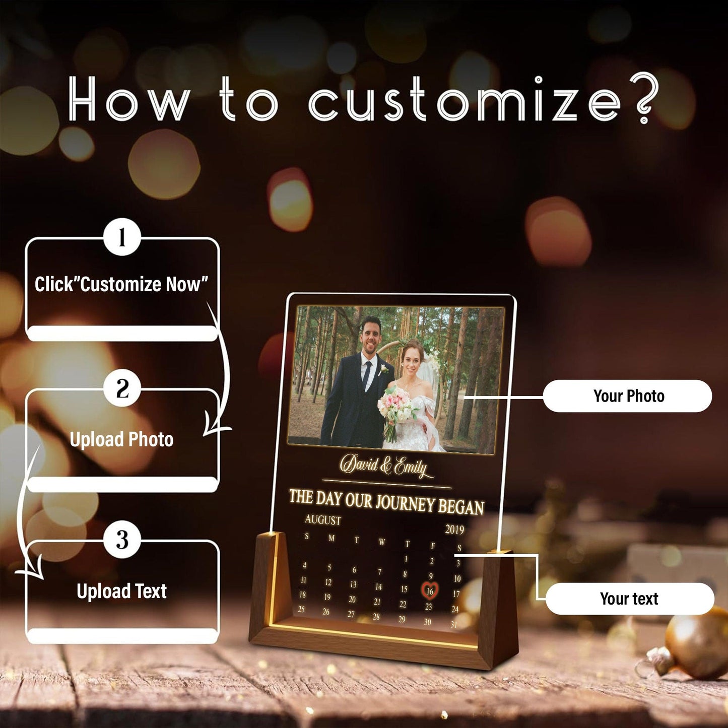 Custom Calendar Photo Night Light, The Day We Met Acrylic Plaque, Personalized Anniversary LED Lamp, Wedding Couples Gift - product image 3