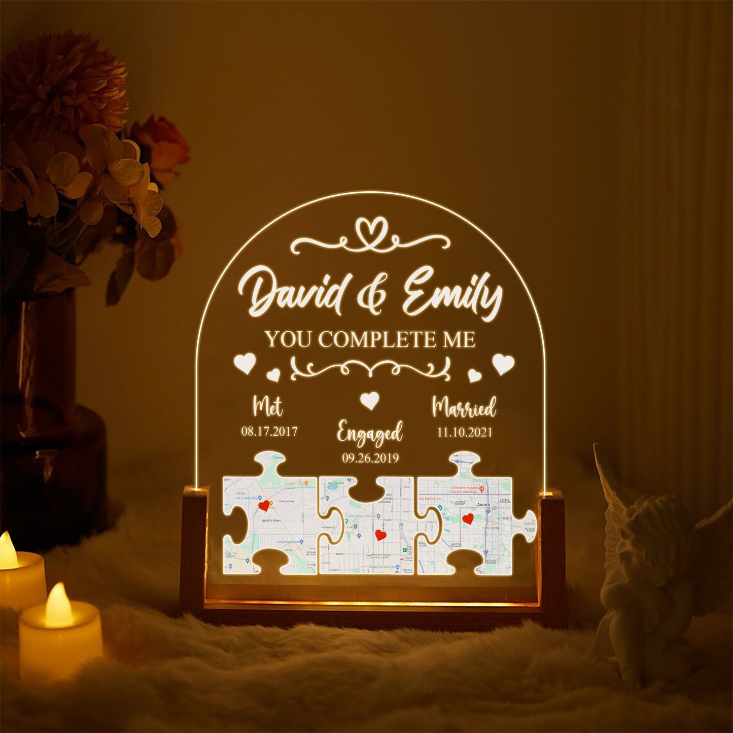 Custom Map Puzzle Night Light, Long Distance Relationship Gift, Personalized Met Engaged Married Plaque, LED Lamp - product image 2