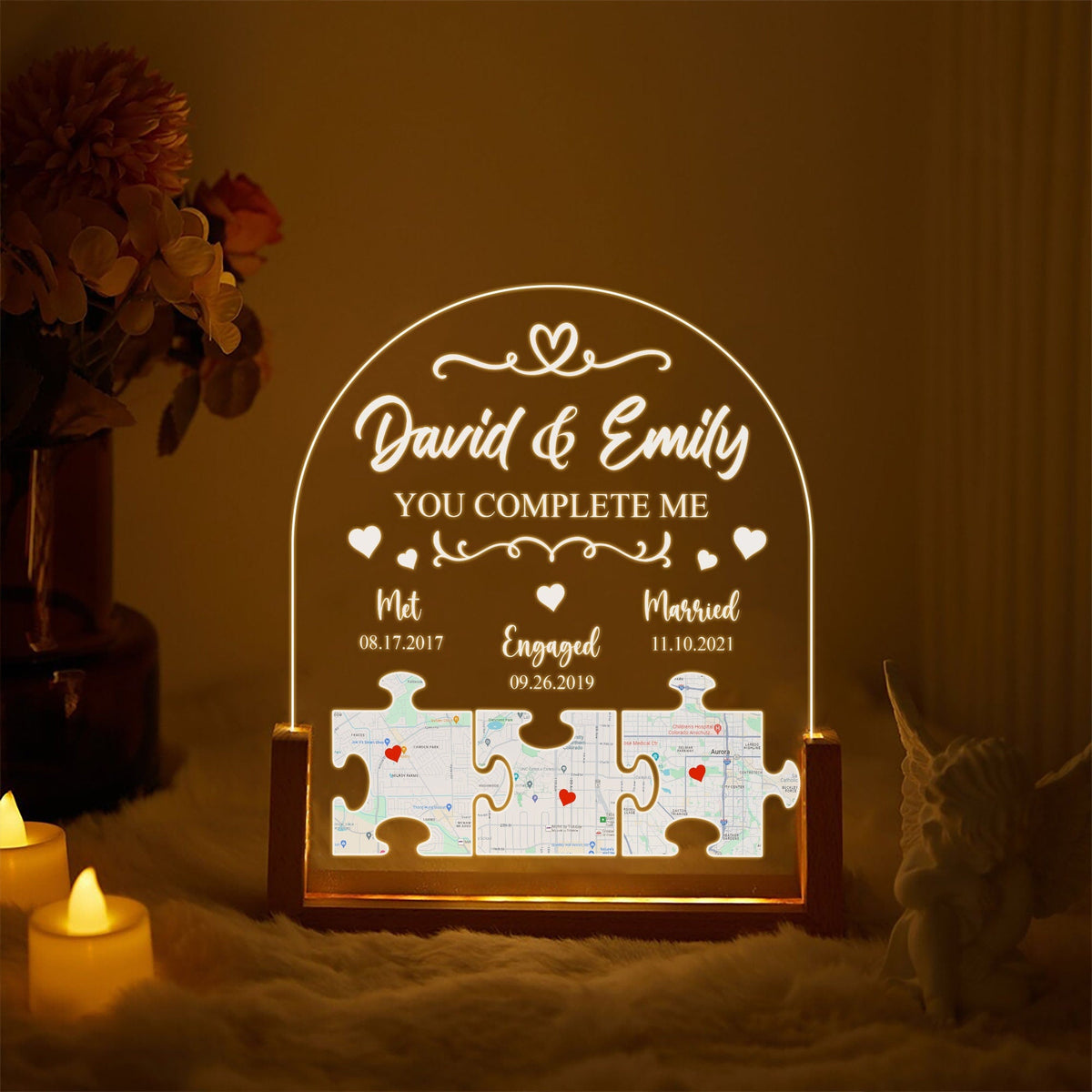 Custom Map Puzzle Night Light, Long Distance Relationship Gift, Personalized Met Engaged Married Plaque, LED Lamp - product image 2