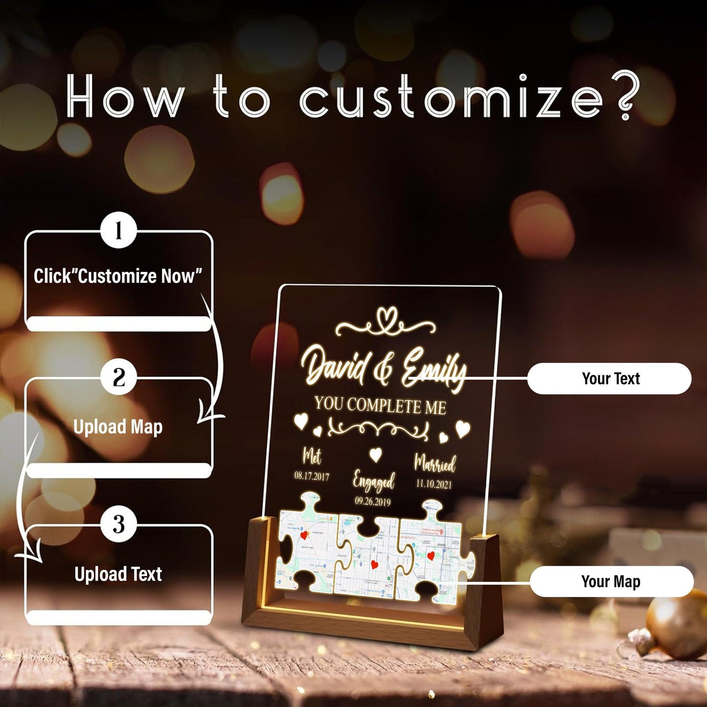 Custom Map Puzzle Night Light, Long Distance Relationship Gift, Personalized Met Engaged Married Plaque, LED Lamp - product image 5