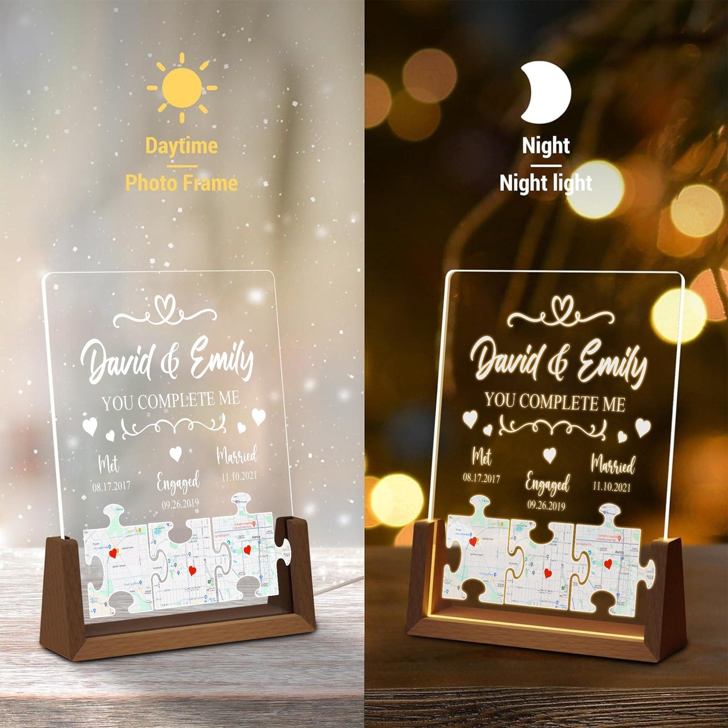 Custom Map Puzzle Night Light, Long Distance Relationship Gift, Personalized Met Engaged Married Plaque, LED Lamp - product image 6