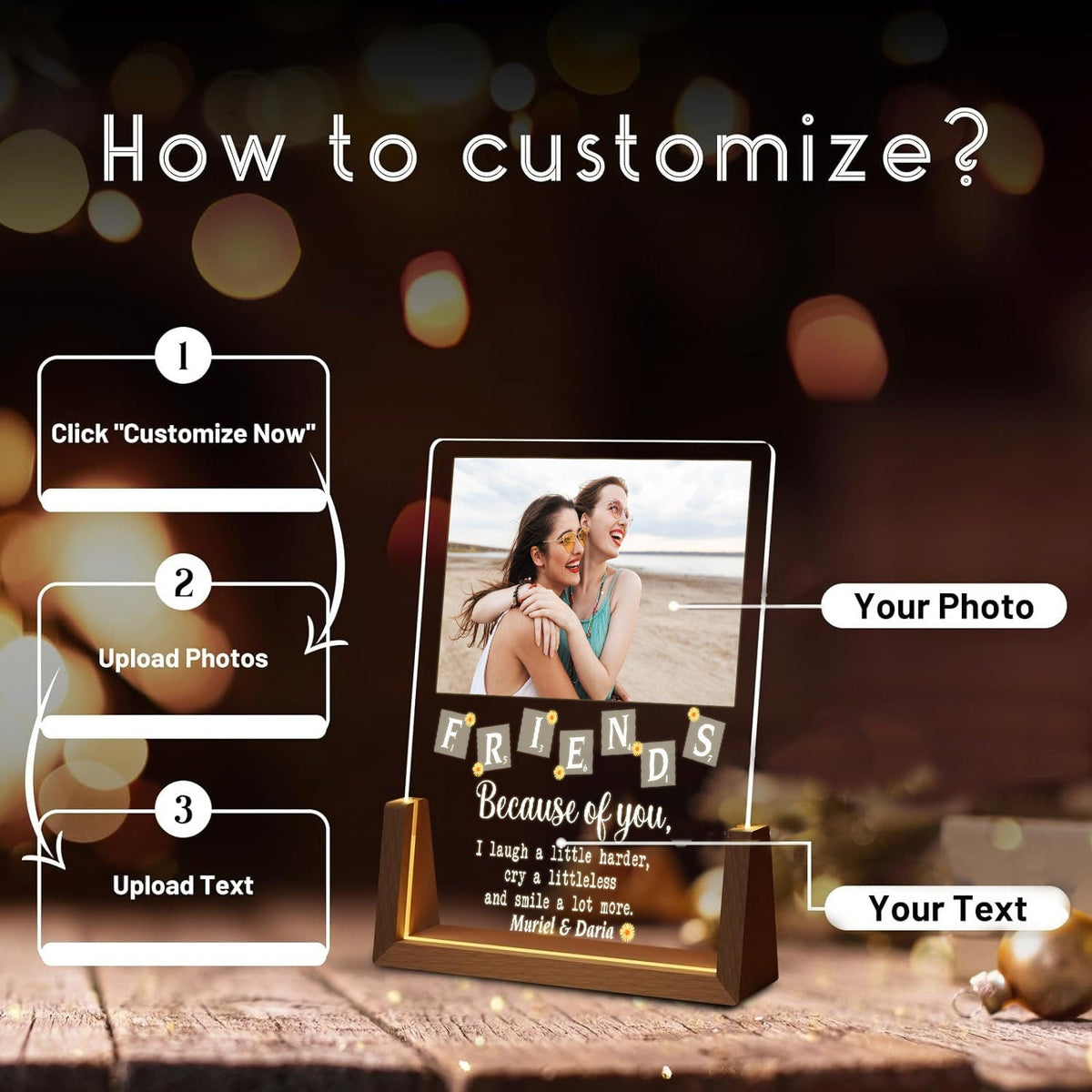 Custom Best Friend Photo Lamp, Personalized Friendship LED Light, Scrabble Name Acrylic Plaque, Birthday Gift for Her - product image 3