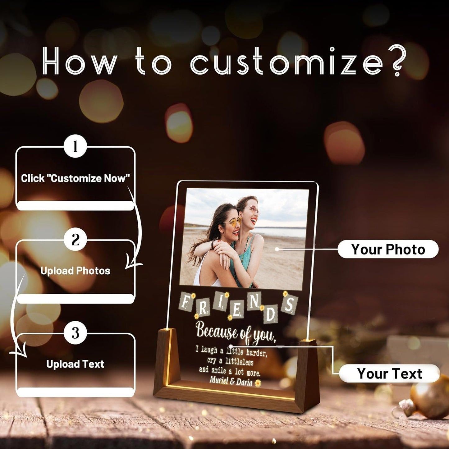 Custom Best Friend Photo Lamp, Personalized Friendship LED Light, Scrabble Name Acrylic Plaque, Birthday Gift for Her - product image 3