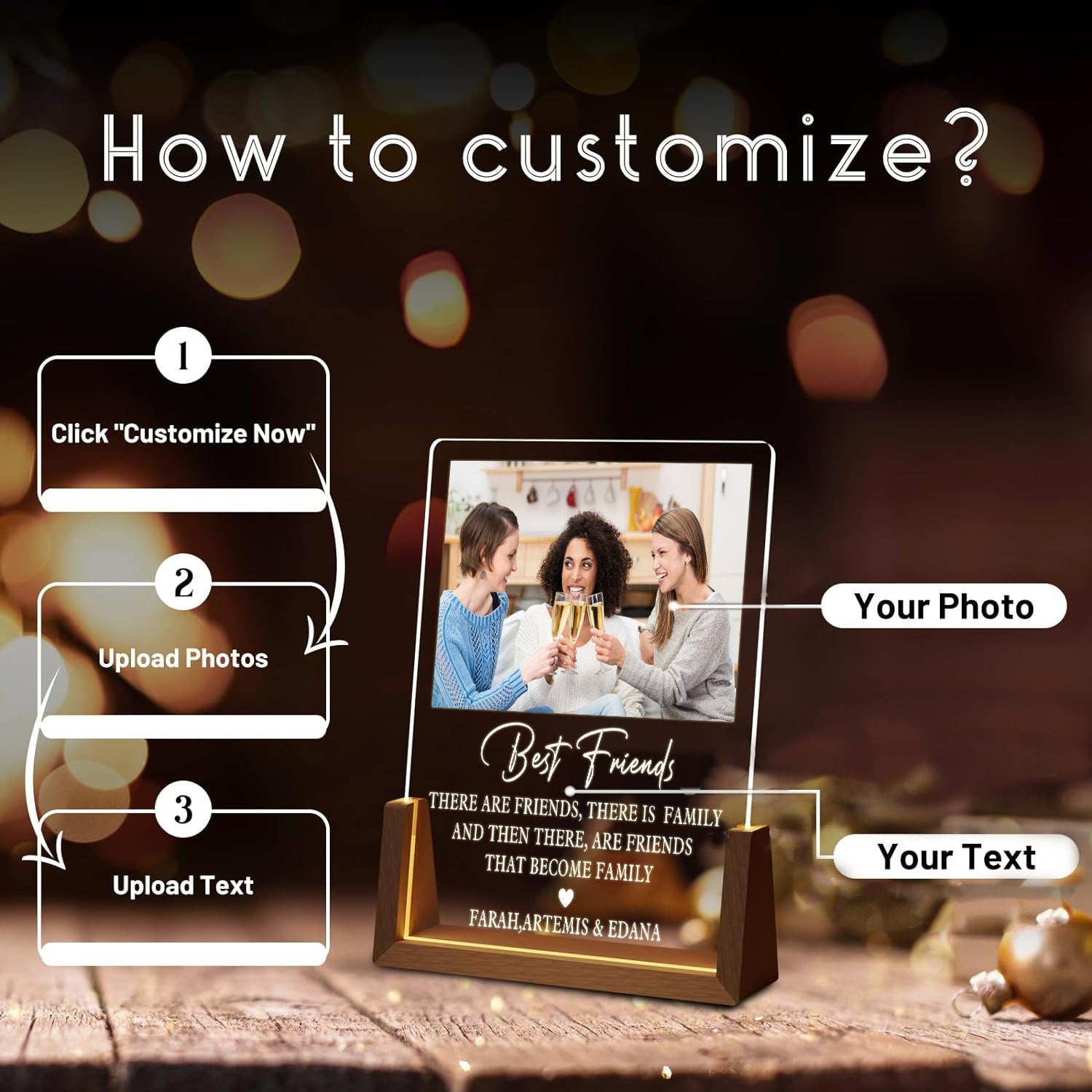 Custom Best Friend Photo Lamp, Friends Become Family Acrylic Plaque, Personalized Friendship LED Light, Birthday Gift - product image 3
