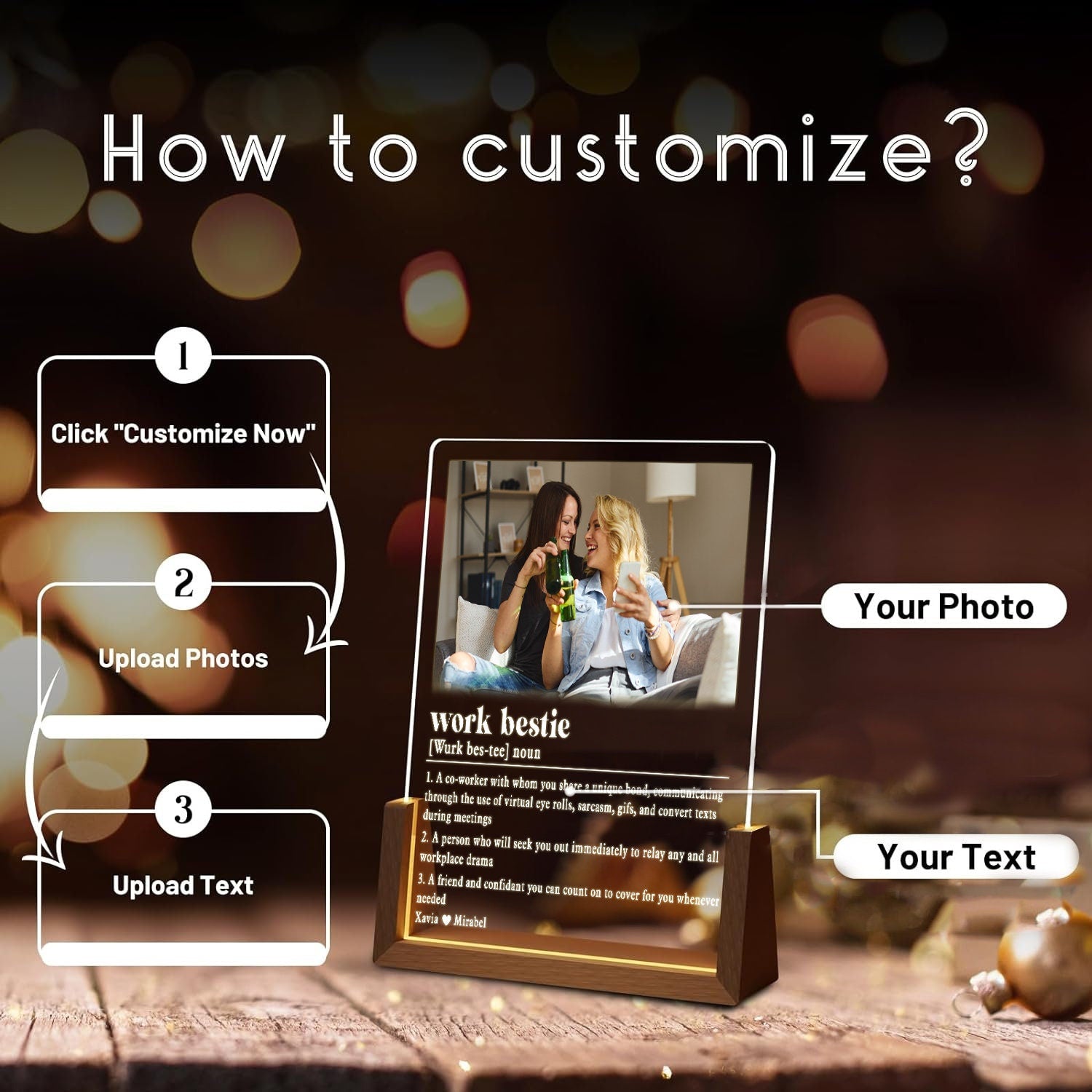 Work Bestie Photo Night Light, Coworker Leaving Gift, Custom Dictionary Definition Plaque, Office Desk LED Lamp - product image 3