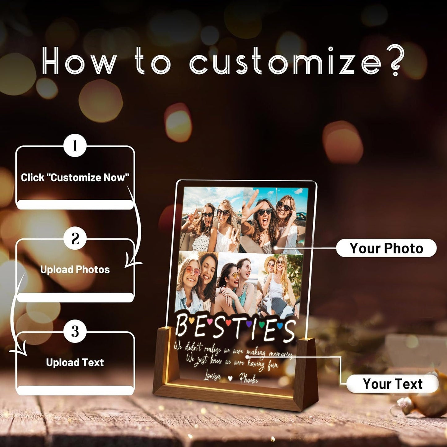 Custom Bestie Photo Collage Glass Night Light, Personalized Friendship Picture Lamp, Soul Sister Birthday Gift, Best Friend LED Plaque - product image 3