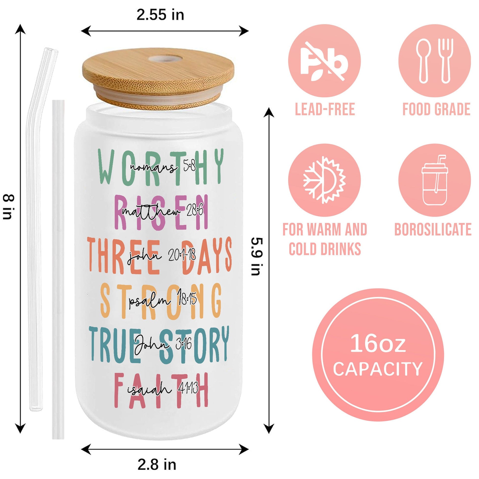 Christian Affirmations Iced Coffee Cup: Glass Can with Lid & Straw - product image 6