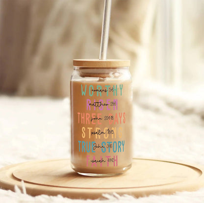 Christian Affirmations Iced Coffee Cup: Glass Can with Lid & Straw - product image 2