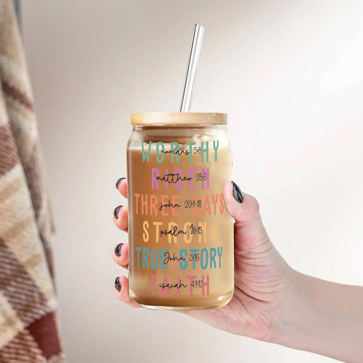 Christian Affirmations Iced Coffee Cup: Glass Can with Lid & Straw - product image 4