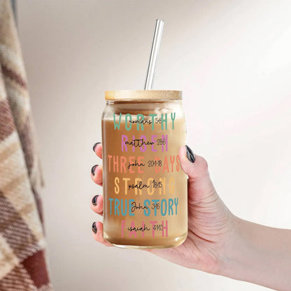 Christian Affirmations Iced Coffee Cup: Glass Can with Lid & Straw - product image 4