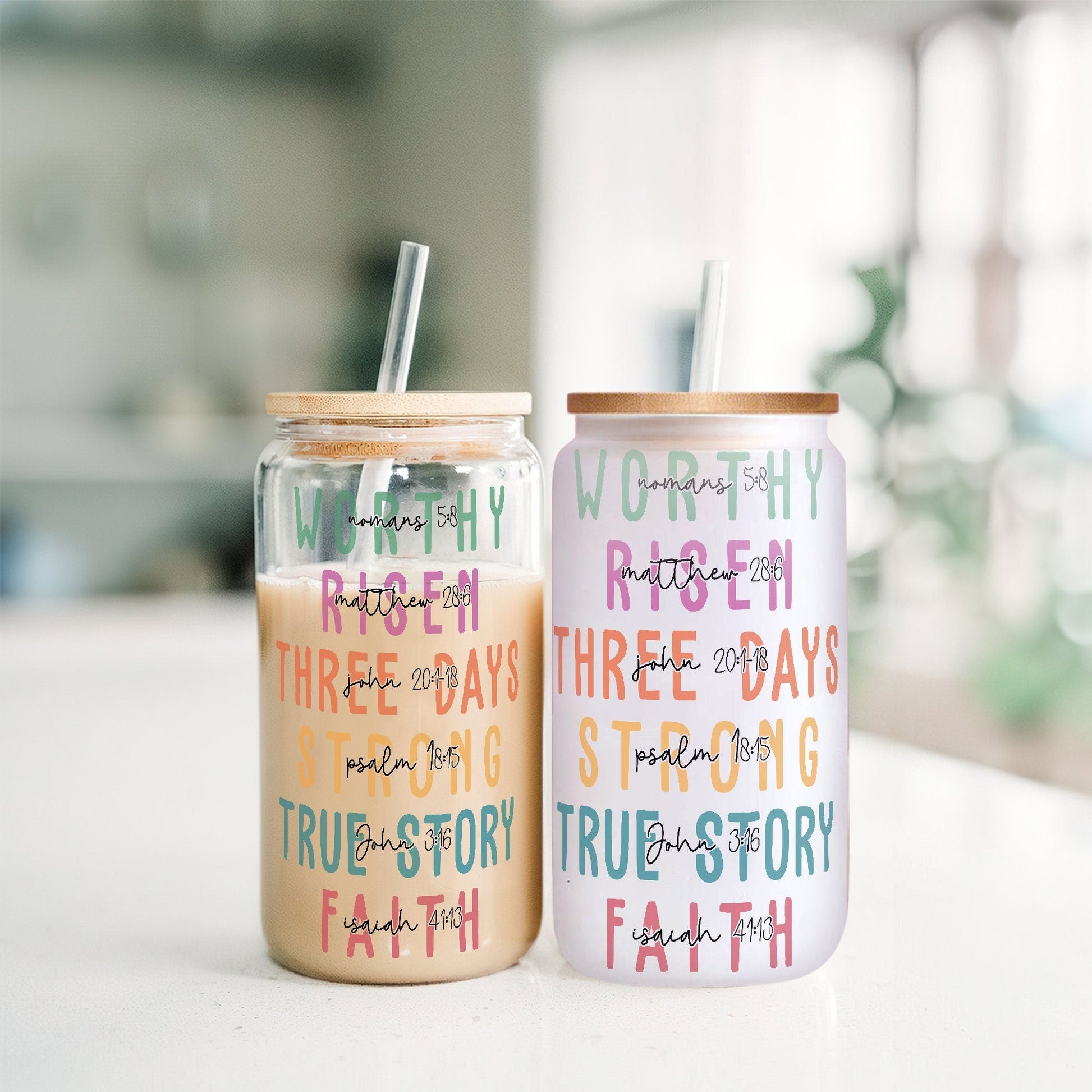 Christian Affirmations Iced Coffee Cup: Glass Can with Lid & Straw - product image 3