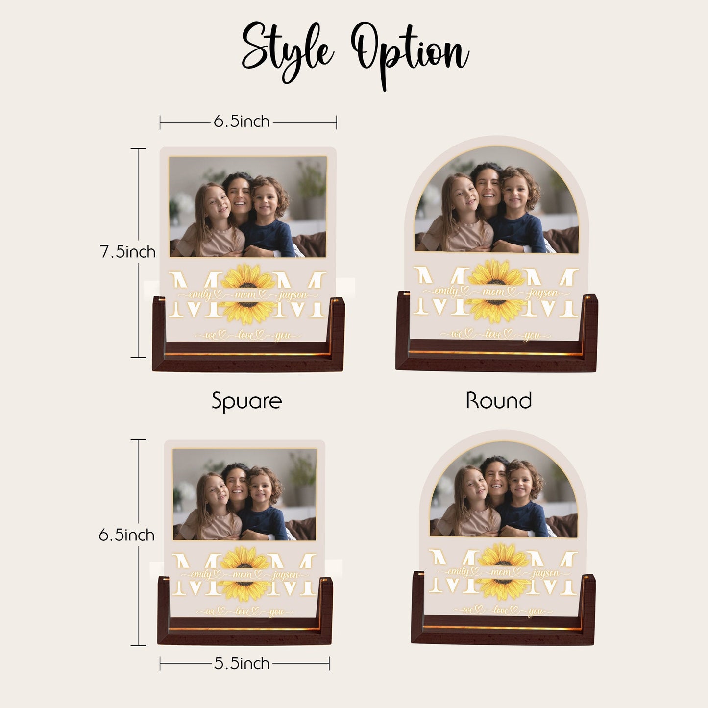 Personalized Mom Acrylic Lamp | Custom Photo Sunflower Gift for Mom | Mother’s Day Night Light | Family Keepsake with Walnut Wood Base - product image 2